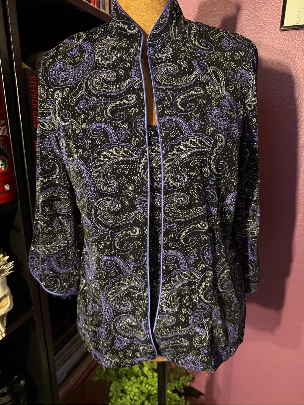 Vtg Alex Evenings Black & Purple Paisley Two-Piece Top Set